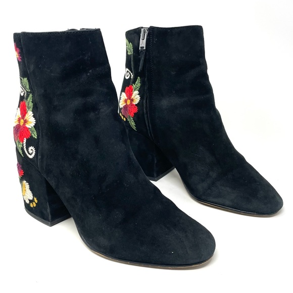 Sam Edelman Tavi Floral Embroidered Black Suede Booties Size 8.5 - Picture 2 of 10